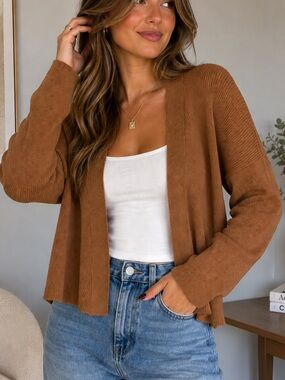 Forward With Design Camel Brown Open Front Rib Knit Cropped Cardigan S